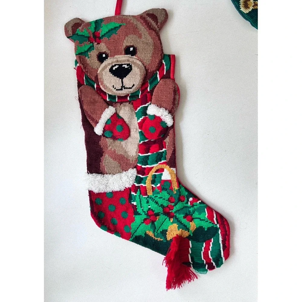 Vintage 2 Handmade Needlepoint Christmas Stockings Nutcracker & Teddy Bear